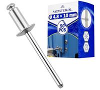 Lot de 50 Pièces Rivet Pop Ø 4,8x10 mm - Trou pour Montage des Rivets Pop Ø 5 mm Plage de Serrage 4,5-6,5 mm - les Rivets sont Fabriqués en Aluminium et en Acier - MONTERAL