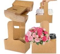 Lot de 50 porte-gobelets pour 2 tasses avec poignée pour 2 ou 4 tasses en carton kraft pour livraison de café, boissons, boîte d'emballage florale pour anniversaire, mariage, fête
