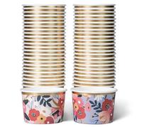 Lot de 50 Pots Glace 266 ml et Coupelles Jetables - Bols en Papier avec Motif Floral et Bord Doré - Pot à Glace Jetable, Coupelle Jetable Chaud/Froid pour Fêtes, Mariages, Desserts et Soupes