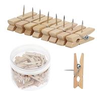 Lot de 50 punaises avec pinces en bois durables - Punaises décoratives pour tableau en liège, illustrations, notes, photos, projets d'artisanat, bureaux et maisons (bois brut)