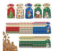 Lot de 50 sachets à friandises de Noël réutilisables avec fermeture à cordon de serrage - Sacs d'emballage de Noël - Pour collations festives, pop-corn, Halloween, fête d'anniversaire, vacances, salle