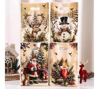 Lot de 50 sacs cadeaux de Noël vintage 20 x 15 cm en plastique robuste avec imprimés rétro nostalgiques, avec un joli Père Noël et un bonhomme de neige. Idéal pour l'emballage de cadeaux de vacances