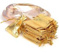 Lot de 50 sacs cadeaux en organza/pochettes à bijoux de fête/sacs cadeaux pour décoration de mariage, anniversaire, Noël, doré (9 x 12 cm)