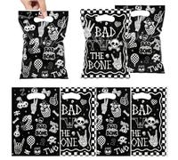 Lot de 50 sacs cadeaux noirs et blancs à motif tête de mort, design double face avec texte « BAD 2 THE BONE », sacs en plastique OPP avec poignée pour rock, gothique, punk, Halloween, 18 x 25 cm