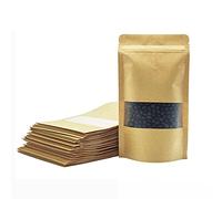 Lot de 50 sacs en papier kraft avec fenêtre - Réutilisables - Fermeture éclair - Étanche - Auto-scellant - Pour biscuits, bonbons, thé, café, graines, 12 x 20 cm