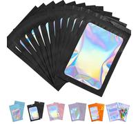 Lot de 50 sacs holographiques refermables en Mylar - Anti-odeurs - Pour échantillons de gloss à lèvres, bijoux, cils, aliments, cadeaux - Noir - 20 x 30 cm