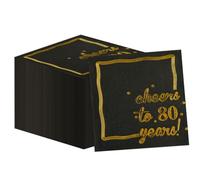 Lot de 50 Serviettes 80e Anniversaire 25x25 cm, 3 Plis, Jetables Serviette de Table Papier Noir et Or pour Décorations de table pour Decoration Anniversaire 80 ans pour Hommes et Femmes (80)