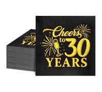 Lot de 50 serviettes à cocktail à 3 couches pour 30e anniversaire, 25 x 25 cm, noires et dorées, pour homme et femme, décoration d'anniversaire 30 ans