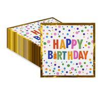 Lot de 50 serviettes d'anniversaire à 3 couches - Motif à pois - 33 x 33 cm - Arc-en-ciel - Serviettes Happy Birthday - Pour l'école, le mariage, le baptême, les enfants, les adultes, les décorations
