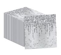 Lot de 50 serviettes en papier argenté « Happy Birthday » - Serviettes de fête à paillettes argentées - Décorations de fête sur le thème du diamant pour adultes et enfants - Pour anniversaire, mariage