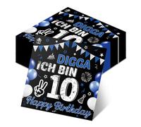 Lot de 50 serviettes en papier décoratives pour 10e anniversaire garçon - Bleu - DIGGA ICH BIN 10 Happy Birthday - Serviettes jetables - Accessoires de fête pour dix ans garçons - Pour fêtes