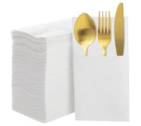 Lot de 50 serviettes en papier jetables blanches pour fourchette, couteau et cuillère, 40 x 40 cm, pré-pliées pour une installation facile, idéales pour les banquets et les fêtes