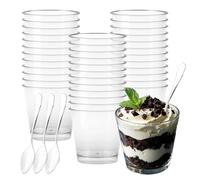 Lot de 50 tasses à dessert avec 50 cuillères - 200 ml - Gobelets à dessert transparents - Réutilisables - Pour la maison, les desserts, le pudding, la mousse, la glace, le yaourt, les fêtes