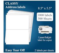 Lot de 500 feuilles de papier autocollant, 27,9 x 21,6 cm, 2 étiquettes d'adresse d'expédition, 2 par page pour imprimantes laser et jet d'encre