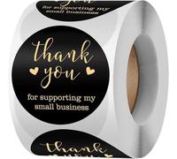 Lot de 500 rouleaux d'autocollants noirs avec inscription « Thank You » - Pour soutenir ma petite entreprise - Imperméables - Pour emballage cadeau - Étiquettes autocollantes tout usage (2,5 cm)