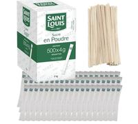 Lot de 500 sachets SAINT LOUIS bûchettes de sucre cristallisé individuels de 4g (2kg) avec agitateurs en bois - Idéal pour les boissons chaudes, cafés et thés - Pratique et facile à utiliser