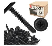 Lot de 500 vis autoforeuses noires 4,2 x 32 mm, en acier fosfaté, avec rondelle PH cruciforme, pour cloison sèche, profilé métallique, placoplâtre, bois