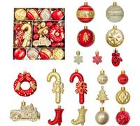 Lot de 51 boules de Noël incassables de formes assorties Rouge/doré | Plastique incassable, formes assorties, mélange rouge et or, lot de 51 pièces, sans danger pour les enfants