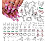 Lot de 52 breloques et pierres précieuses 3D en argent Y2K avec papillon, croix, étoile, planète, cerises, pour ongles en acrylique chromé, bijoux pour nail art