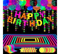 Lot de 52 décorations de fête fluorescentes avec articles réactifs à la lumière noire, bannière fluorescente, guirlandes de lumière noire, ballons phosphorescents, ruban lumineux