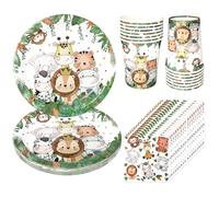 Lot de 52 Pièces de Vaisselle, Assiette Anniversaire Jungle Safari Enfants Fête Assiettes en Carton Serviette Gobelets pour D'enfant pour 16 Personnes