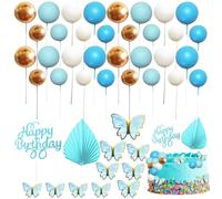 Lot de 53 boules de décoration de gâteau XingyLi bleu doré avec palmier, papillon et insert de gâteau Happy Birthday, boules de décoration de gâteau pour anniversaire, mariage