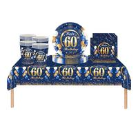 Lot de 53 nappes jetables en plastique bleu marine avec inscription « Happy 60th Birthday » - Assiettes en carton, serviettes et tasses pour homme - Décorations de table jetables pour fête