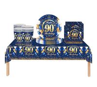 Lot de 53 nappes jetables en plastique bleu marine avec inscription « Happy 90th Birthday » - Assiettes en carton, serviettes et tasses pour homme - Décorations de table jetables pour fête