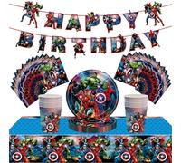 Lot de 54 décorations de table de fête de super-héros pour garçons - Assiettes en papier de 17,8 cm - Bannière - Serviettes en papier pour fête sur le thème des Avengers