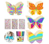 Lot de 55 papillons en bois avec crayons aquarelle, autocollants | Kit de loisirs créatifs pour anniversaire d'enfant, cadeau créatif pour filles, peinture pour enfants avec crayons aquarelle