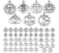 Lot de 56 breloques chakra en alliage - 7 styles - Pour yoga, OHM, OHM, fleur - Accessoire pour bricolage, collier, bracelet, boucles d'oreilles, fournitures artisanales, argent antique