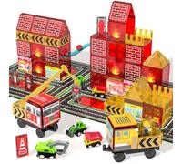 Lot de 56 carreaux magnétiques de construction pour enfants avec camion de pompiers et station, bâtiment, route, grue et jouets de voiture - Carreaux magnétiques éducatifs de voyage pour enfants de 4