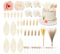 Lot de 56 décorations de gâteau bohème, réutilisables, avec pétales de rose artificielles, feuilles d'olivier, roseaux séchés, feuilles de magnolia, queues de lapin, épis de lapin, balles pour