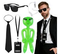 Lot de 6 accessoires de costume d'agent secret, ensemble de service secret d'espion avec porte-carte d'identité, cravates, lunettes de soleil, écouteurs, extraterrestres gonflables pour enfants