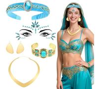 Lot de 6 accessoires de costume de princesse au jasmin arabe Aladdin - Avec serre-tête, bracelet, collier, boucles d'oreilles - Autocollant pour le visage - Pour femme et fille - Cosplay - Carnaval