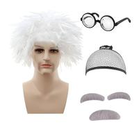 Lot de 6 accessoires de costume de scientifique fou pour enfants - Perruque amusante, lunettes de nerd épaisses, fausse moustache, filet à cheveux, look de scientifique fou instantané pour fête à