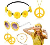 Lot de 6 accessoires de costume hippie des années 60 et 70 - Costume hippie avec bandeau marguerite - Lunettes de soleil - Collier - Boucles d'oreilles - Bracelet - Bague pour homme et femme