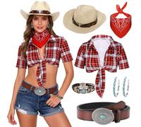 Lot de 6 accessoires de cowgirl pour femme avec chapeau de cowboy, t-shirt à carreaux, bandana, boucles d'oreilles turquoises, bracelets, costume de cowboy, carnaval, Halloween, cosplay (rouge, S)