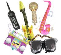 Lot de 6 accessoires de photomaton gonflables avec guitare, saxophone, lunettes de soleil, microphone, radio, boombox, ballons gonflables pour les années 70, 80, 90, carnaval, discothèque, fête sur le