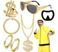 Lot de 6 accessoires de rappeur hip-hop, fausses chaînes dollar dorées, lunettes de soleil, boucles d'oreilles créoles dorées, collier épais et fausse barbe, rappeur ou fête costumée des années 90