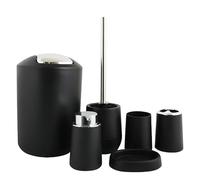 Lot de 6 accessoires de salle de bain en bambou noir : distributeur de savon, pompe à savon, porte-brosse de toilette, porte-brosse de toilette, poubelle - Décoration élégante et écologique