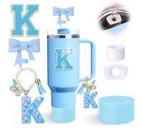 Lot de 6 accessoires de tasse Stanley bleus avec nœud en paille pour tasse Stanley de 887 ml, 1200 ml, avec bouchon de paille et bottes en silicone scintillant, bouchons anti-déversement, breloque de