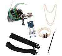 Lot de 6 accessoires Gatsby le Magnifique Gatsby des années 1920, bandeau, gants longs, noirs, collier de perles, bracelet de perles, boucles d'oreilles en pierres précieuses, set de clapets pour