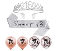 Lot de 6 accessoires pour 16e anniversaire, couronne de diamant, accessoires de ceinture pour 16e anniversaire, ballons d'anniversaire avec chiffres, adaptés pour la fête d'anniversaire de 16 ans