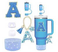 Lot de 6 accessoires pour gobelet Stanley de 90 ml et 100 ml avec poignée, avec couvercle de paille en silicone, bouchon anti-éclaboussures, breloque de poignée, autocollant initiales (bleu A)