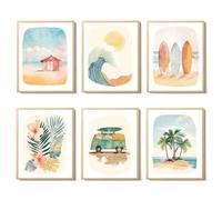 Lot de 6 affiches de plage pour chambre d'enfant, thème océan, aquarelle, surf, chambre de garçon, impression côtière amusante, sans cadre, 30,5 x 40,6 cm