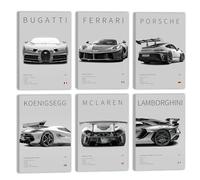 Lot de 6 affiches de voiture sur toile - Impressions sur toile de voitures de sport - 911 Ferrari Lamborghini McLaren Bugatti Koenigsegg - Affiches de voiture de sport pour homme, grotte de garçon,