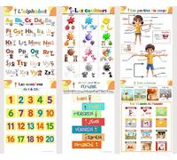 Lot de 6 Affiches éducatives en français, plastifiées, 42cmx30cm. Les saisons et les mois, l’alphabet, les couleurs, les parties du corps, les jours de la semaine et les nombres (6 unités-A3-Lot2)