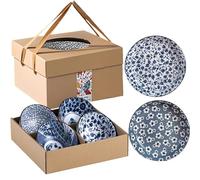 Lot de 6 assiettes et bols en céramique de style japonais avec coffret cadeau, bols de service en porcelaine pour riz, soupe, dessert, collation, 250 ml, plats à sauce soja 20,3 cm, passe au