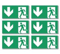 Lot de 6 autocollants : 50 x 100 mm - Chemin de sauvetage/sortie de secours - Combinaison avec flèche vers le bas - Panneau de sauvetage - E001/E002 - Vert/blanc - DIN EN ISO 7010 / ASR A1.3
